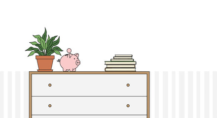 Minimalist interior scene with a piggy bank, a stack of books, and a potted plant on a modern dresser with copy space.