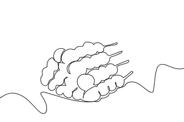 A single continuous line of meatballs on multiple skewers. one line drawn. linear concept. Editable stroke.