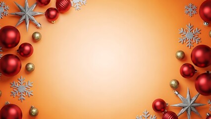 Elegant Christmas Background with Red Ornaments, Snowflakes and Copy Space on Warm Orange Gradient
