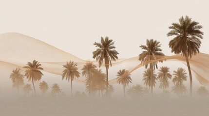 Desert Palm Trees Silhouette Against Soft Beige Background With Abstract Flag Wave Showing Natural Landscape and Clear Sky