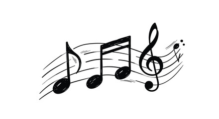 Artistic hand-drawn illustration of musical notes and a treble clef on a flowing staff, rendered in a black sketch style.