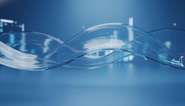 Abstract blue background with wavy transparent lines and blurred cityscape in the distance.