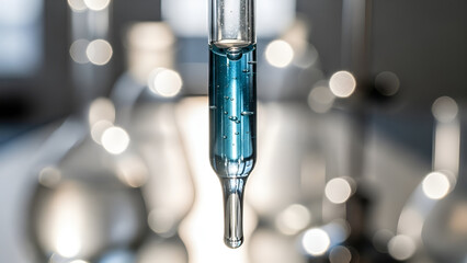 Close-up of a laboratory dropper releasing blue liquid into a blurred scientific research setting, highlighting chemical experimentation