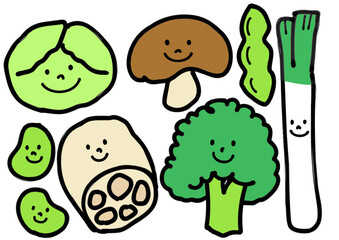 野菜のキャラクターのイラストセット　キャベツ、蓮根、ブロッコリー、椎茸、きのこ、ねぎ、枝豆