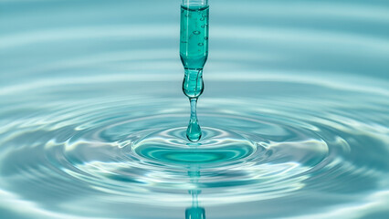 Precise teal liquid drop from pipette forms expanding ripples on pristine water, symbolizing purity, scientific accuracy, and delicate fluid dynamics