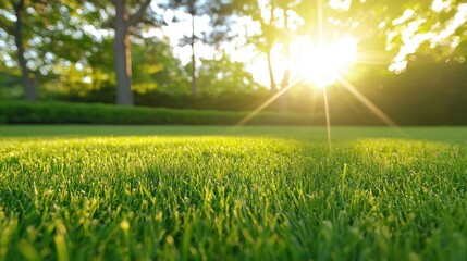 Sunlit Lawn at Golden Hour Tranquil scene of a sunlit lawn with trees in the background, golden light filtering through the leaves, ideal for a calming and relaxing image