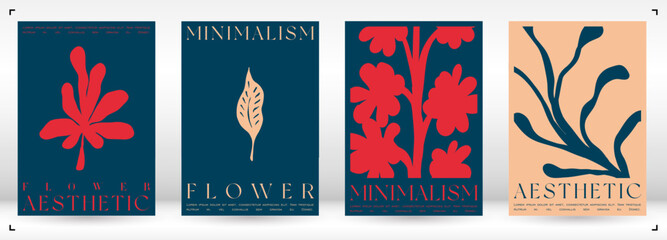 Trendy Groovy Vector Illustration Set in Matisse style. Naive Aesthetic Flower Poster. Plants, flowers and leaves in hand drawn style.