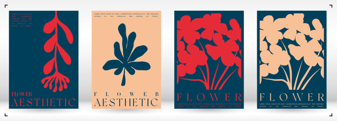 Trendy Groovy Vector Illustration Set in Matisse style. Minimal Modern Botanical Background. Plants, flowers and leaves in hand drawn style.