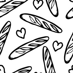 Seamless vector pattern with hand drawn bread and pastries in sketch style for bakery packaging, textile design and food branding.