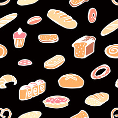 Rustic hand drawn vector seamless bakery pattern with bread illustrations for restaurant branding, kitchen textiles and food packaging.