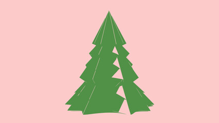 A green paper christmas tree on pink background, minimalist holiday decoration