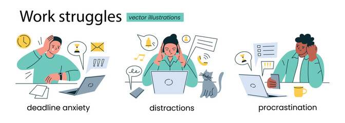Flat cartoon vector illustration set of office worker compositions with men and women at desks, work struggles, procrastination, stress and burnout, scenes for business, mental health and productivity