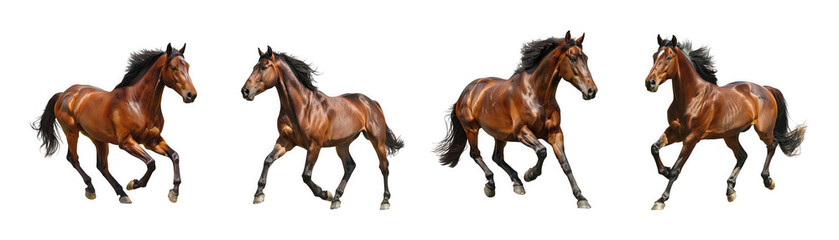 Obraz premium A sequence of four brown horses captured in dynamic running poses showcasing movement and grace on transparent background
