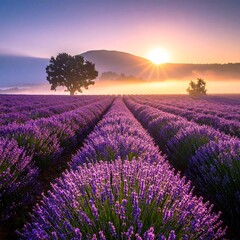 Field of purple lavender blossoms under a colorful sunrise