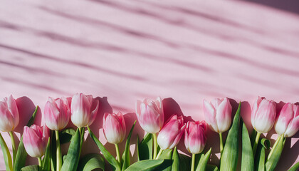 Obraz premium Pink tulips in a row with soft pastel pink backdrop