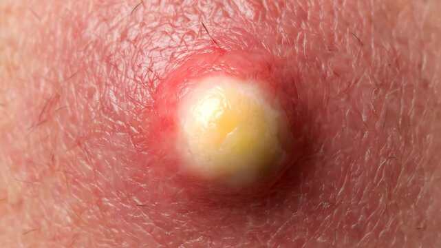 Close-up Macro Shot of a Pimple with Yellow Pus and Red Inflammation on Human Skin.