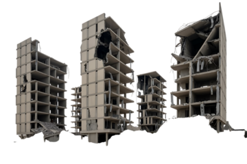 Blurry 3d rendering of four incomplete high rise buildings isolated on transparent background