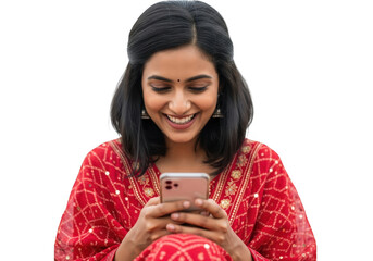 Young indian woman smiling while looking at her phone, isolated on transparent background