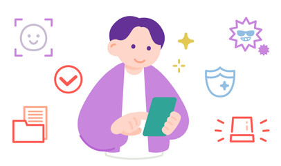 スマホで本人確認を行う男性　顔認証とセキュリティ警告のイメージ