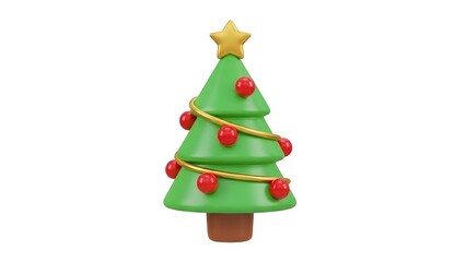 Obraz premium Cartoon Christmas tree with star and red ornaments on white background