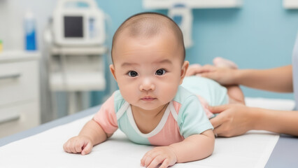 Fototapeta premium Infant lying on exam tabl, Asian baby during pediatric checkup at clinic, child healthcare and early development monitoring