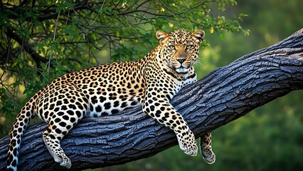A beautiful leopard rests on a large tree branch in the wild looking directly at the viewer