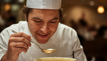 professional chef tasting gourmet dish in a restaurant kitchen showing focus passion and culinary expertise representing fine dining cooking creativity and food preparation mastery