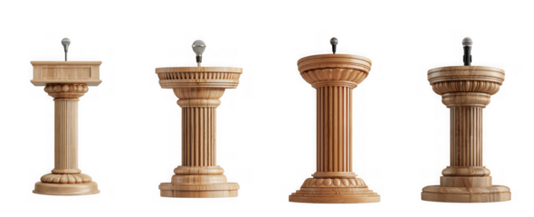 a collection of four ornate wooden podiums varying in design and detail isolated on transparent background high quality