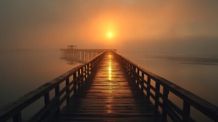 Fototapeta premium Peaceful dock at sunset surrounded by mist and golden reflections on the calm water surface