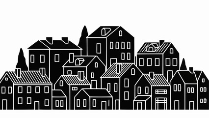 Stylized Black and White Illustration of a Dense Collection of Houses.