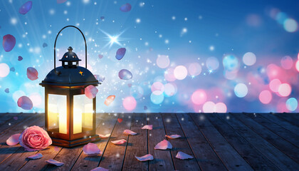 Softly glowing lantern on wooden surface with floating rose petals and bokeh lights