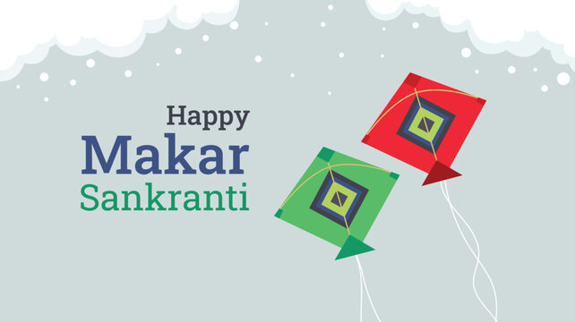 Happy makar sankranti festival with colorful kites on grey background