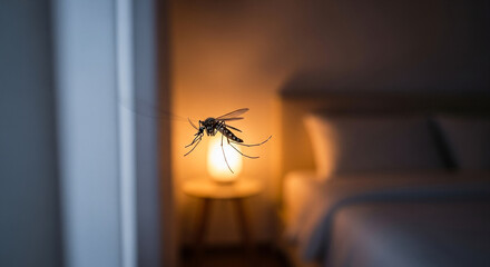 Mosquito in bedroom at night, pest control and health concern in domestic environment