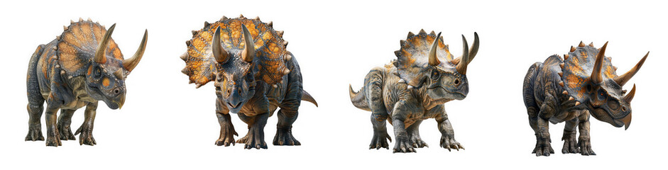 Fototapeta premium a vibrant collection of four different triceratops dinosaurs depicted in various poses on transparent background high quality professional