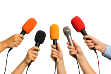 Many hands holding colorful microphones for a press conference or interview, isolated on a white background