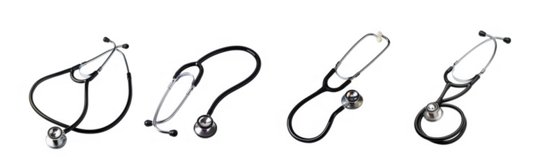 A collection of four realistic stethoscope illustrations presented from multiple angles on transparent background high quality professional detailed
