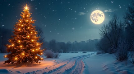Enchanting Winter Night Landscape with a Glowing Christmas Tree Along a Snowy Path, Warm Golden Lights, Falling Snow and a Bright Full Moon in a Peaceful Holiday Wonderland