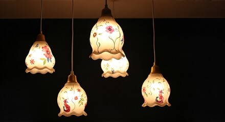 Five ornate, illuminated pendant lights with floral designs hanging against a dark background, creating a warm and inviting ambiance.