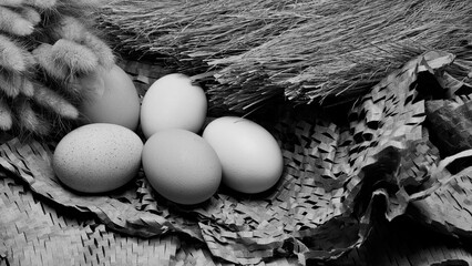 Black and white still life image of eggs placed in textured paper packaging with straw, symbolizing...