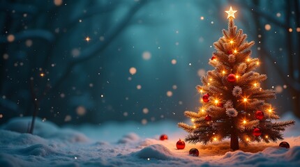 Enchanting Winter Night Landscape with a Glowing Christmas Tree Along a Snowy Path, Warm Golden Lights, Falling Snow and a Bright Full Moon in a Peaceful Holiday Wonderland