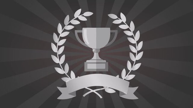 Silver trophy cup with laurel wreath and banner on a dark striped background, symbolizing achievement and success.