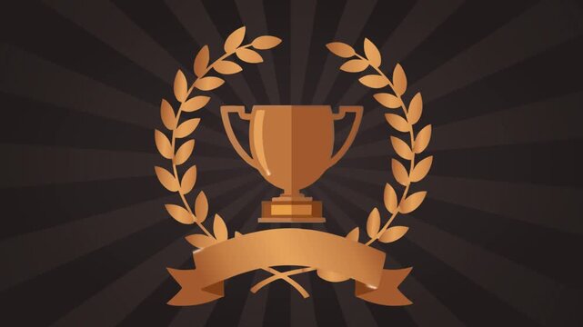 A bronze trophy cup with a laurel wreath and banner on a dark striped background.