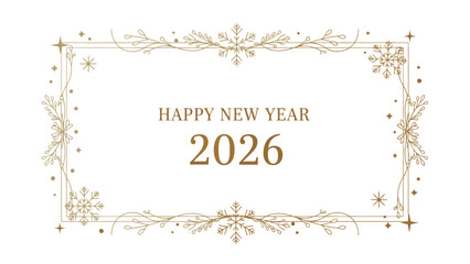 Golden decorative frame with Happy New Year 2026 text on a white background with floral patterns and stars.