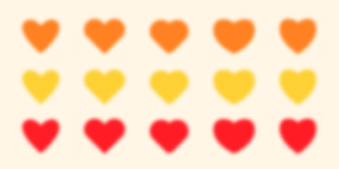Red, yellow and orange blurred hearts collection. Soft edges love symbol set