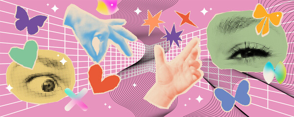Creative collage with hands and eyes. Contemporary art with halftone and cut out elements. Trendy vector sticker set