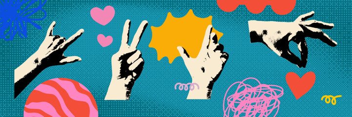 Creative collage with vintage hands and doodle elements. Retro photocopy effect for gesture signs
