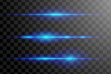 Blue laser light beams set. Horizontal lens flares isolated on dark transparent background. Neon glow effects