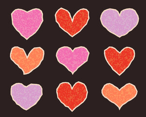 Textured paper cut hearts collection. Love shapes with torn edge for scrapping or social media collage