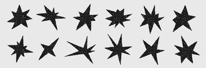 Black star paper cut collection. Trendy irregular sparkle stickers set. Textured tear paper shapes with torn edge
