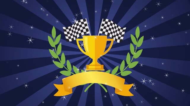 A golden trophy with checkered flags and laurel wreaths on a starry blue background.